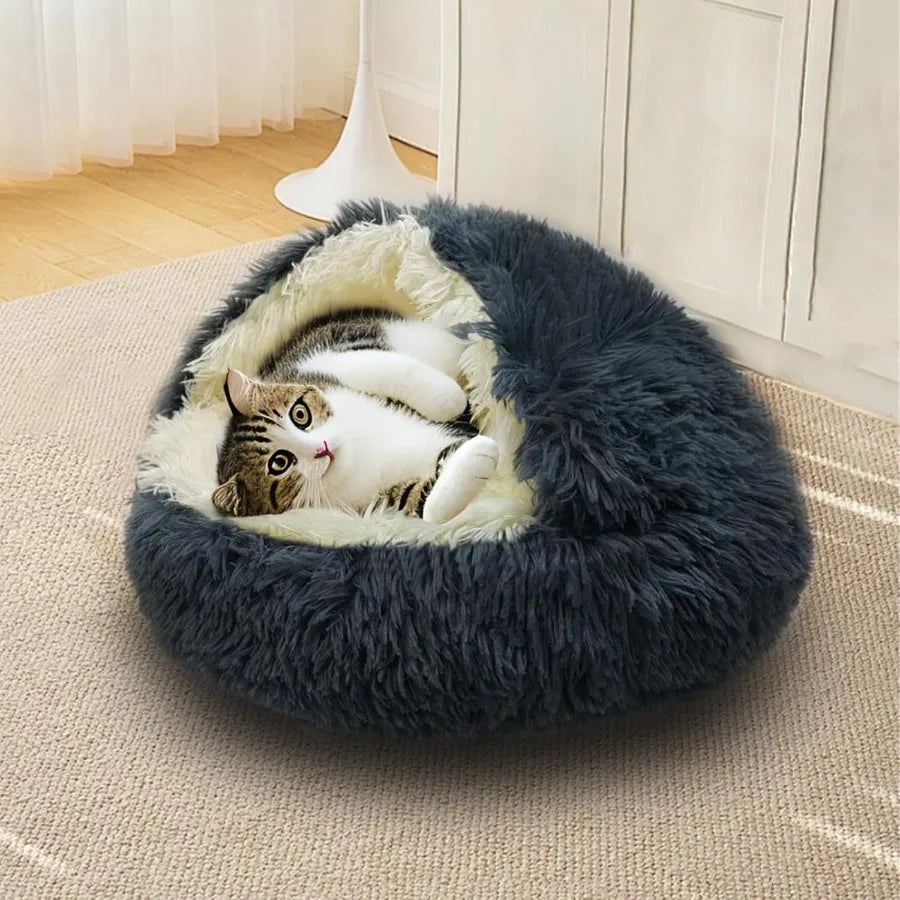Round Plush Hooded Cat Bed Cave For Indoor Cats Dogs