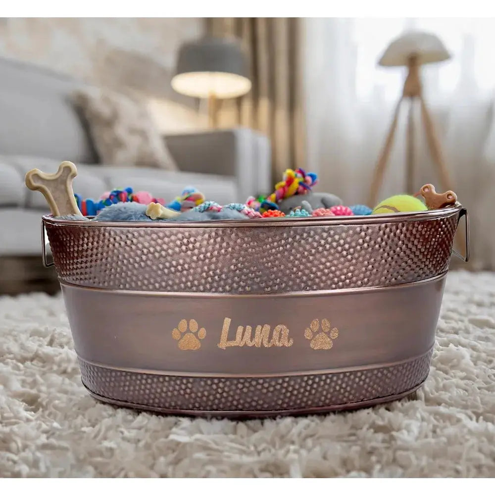 Hign-concerned Personalized Metal Dog Toy Bin With Handles For Storage by Furtastic Pet Essentials