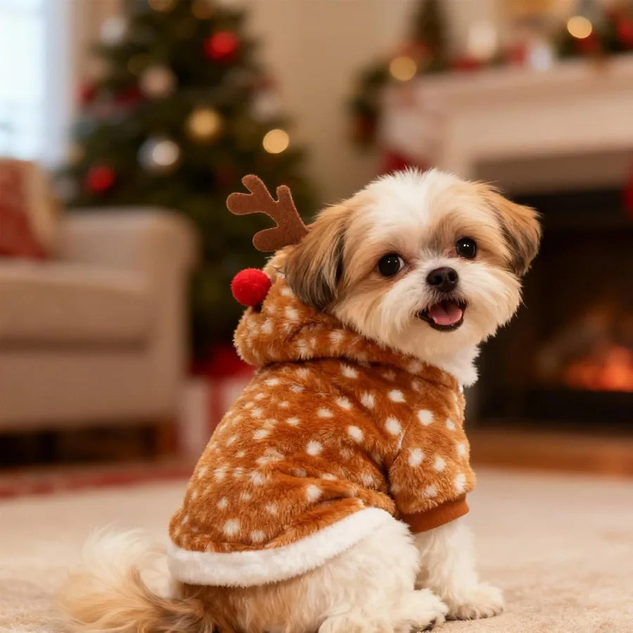 Dog Christmas Hoodie Reindeer Costume Fluffy Sweater Coat