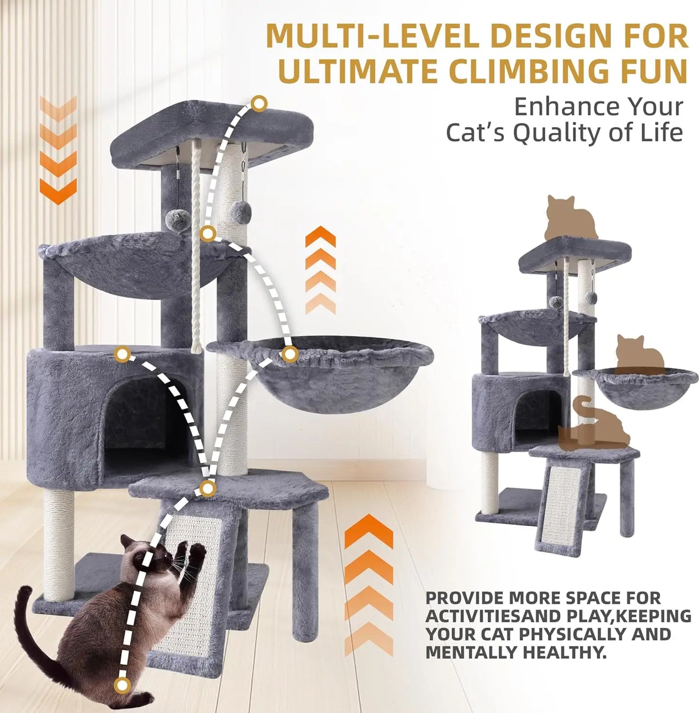 Three Layer Cat Tree With Cat Condo And Two Hammocks