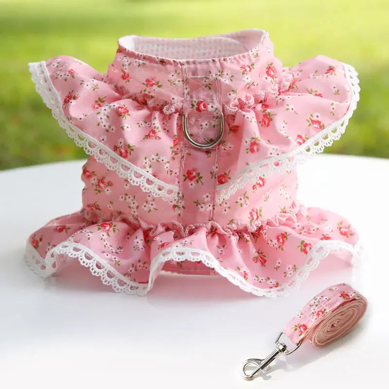 Dog Cat Harness Leash Set Adjustable Lace Floral Vest