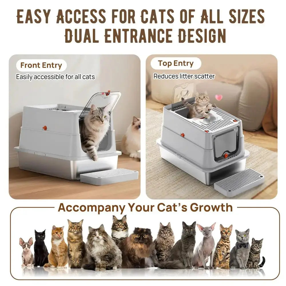 Steel Litter Box with Lid, SUS304 Metal Cat Litter Boxes, Enclosed Extra Large Kitty LitterBox High Wall, Jumbo Cat Toilet Odor by Furtastic Pet Essentials