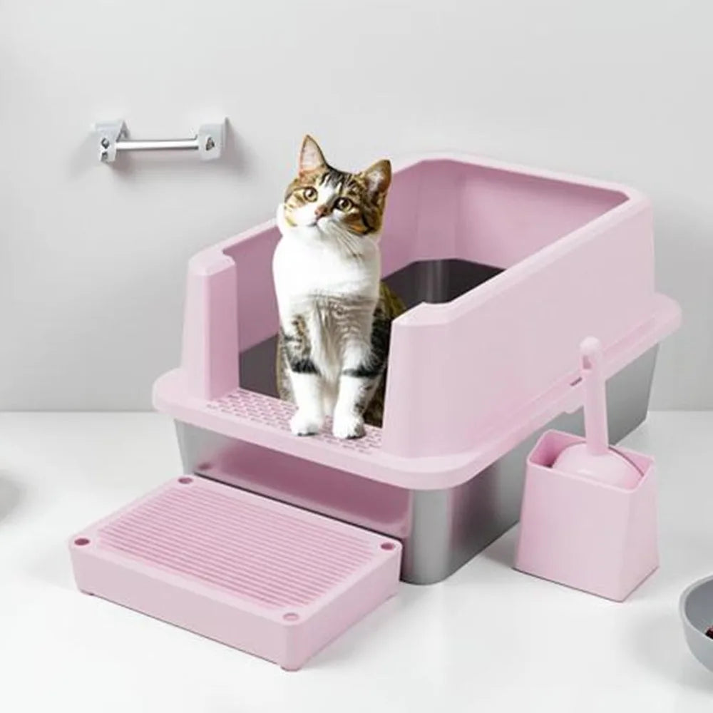 Stainless Steel Litter Box Open Top Tray Odor Control For Cats