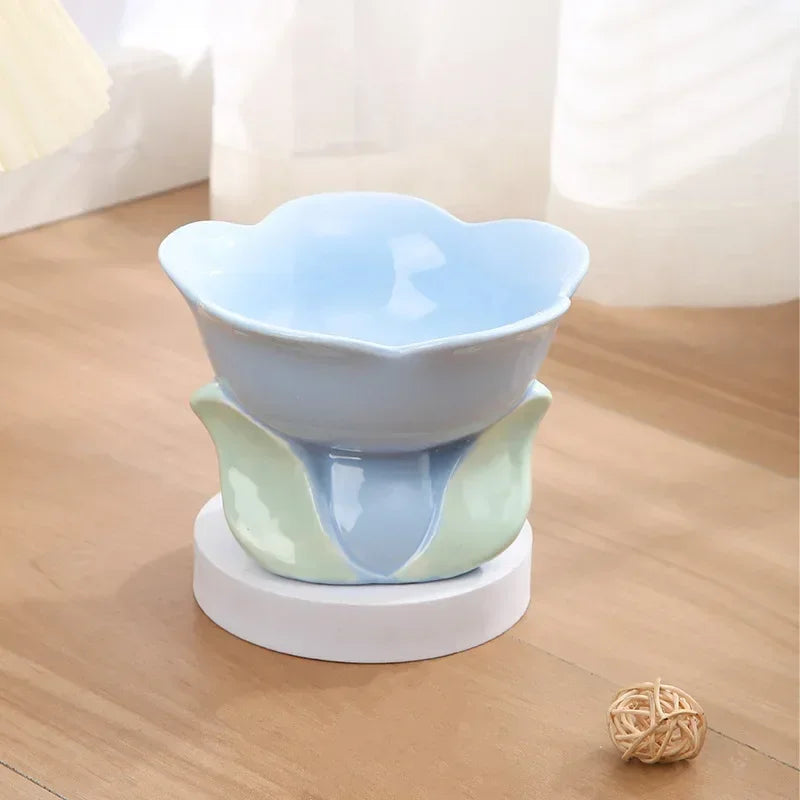 Raised Ceramic Flower Bowl For Cats And Dogs Non Slip