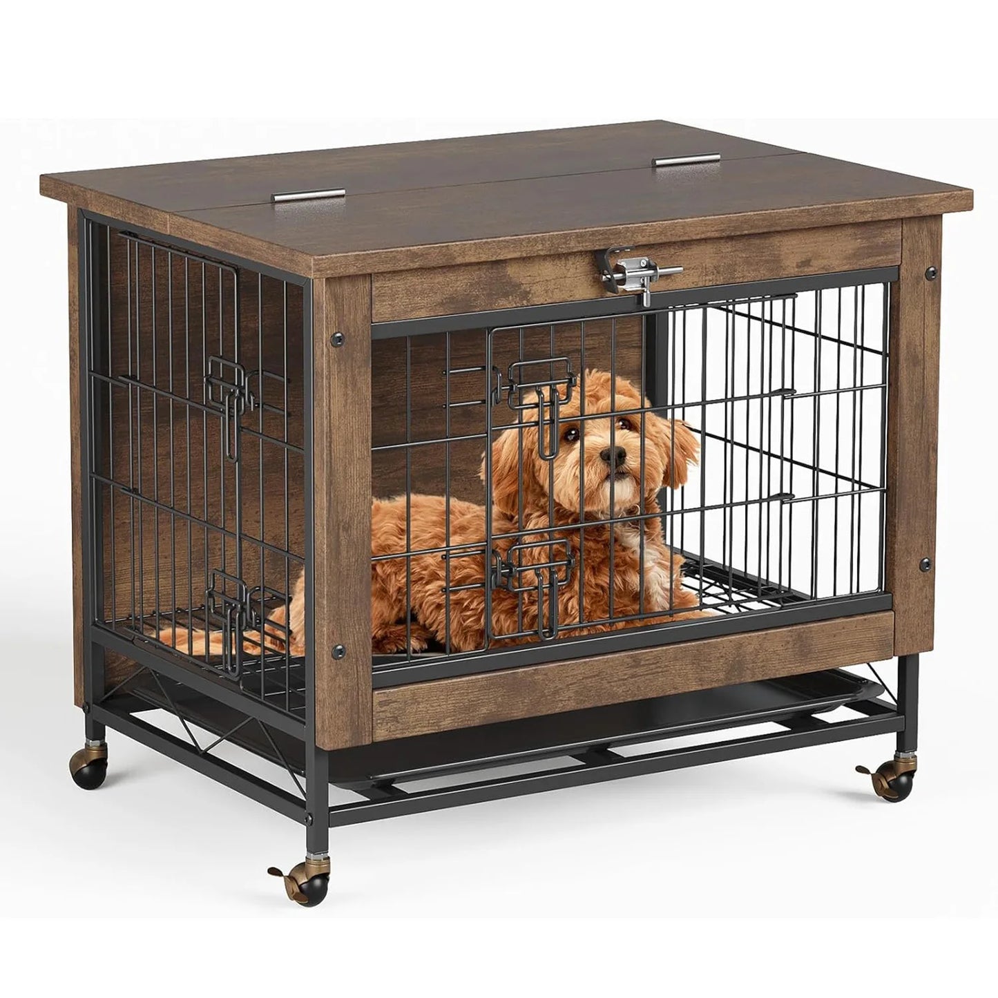 HiMISS Dog Crate Furniture With Wheels Two Doors Tray