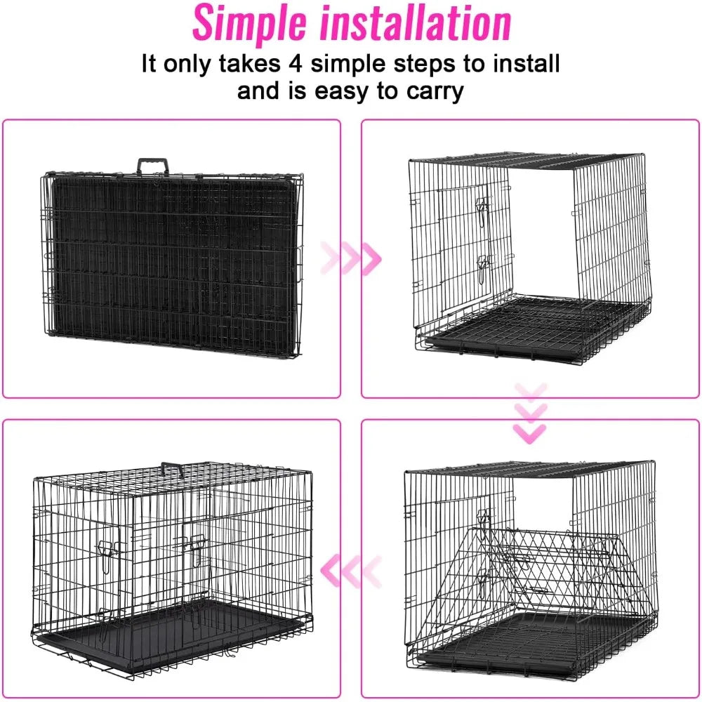 Folding Metal Dog Crate For Large Dogs With Double Door Indoor Outdoor