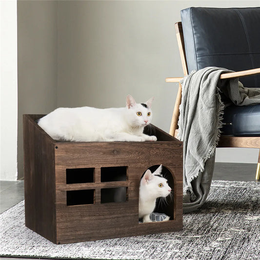 Wisfor Wooden Cat Cave Bed Lounge With Storage Shelf And Cushion For Indoor Cats