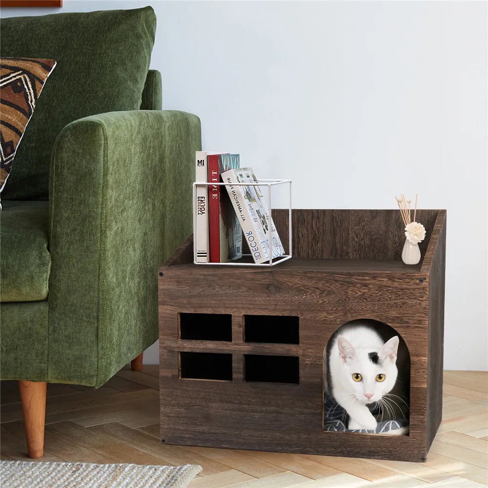 Wisfor Wooden Cat Cave Bed Lounge With Storage Shelf And Cushion For Indoor Cats