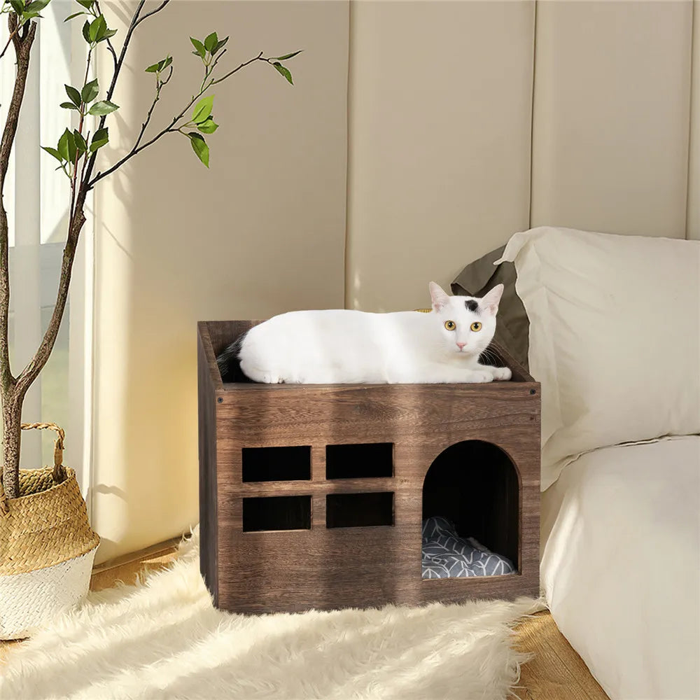 Wisfor Wooden Cat Cave Bed Lounge With Storage Shelf And Cushion For Indoor Cats