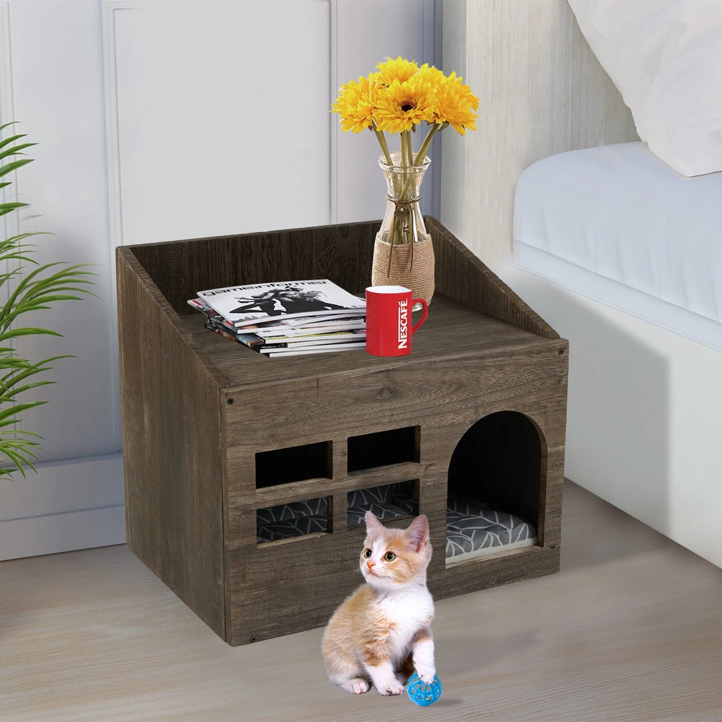 Wisfor Wooden Cat Cave Bed Lounge With Storage Shelf And Cushion For Indoor Cats