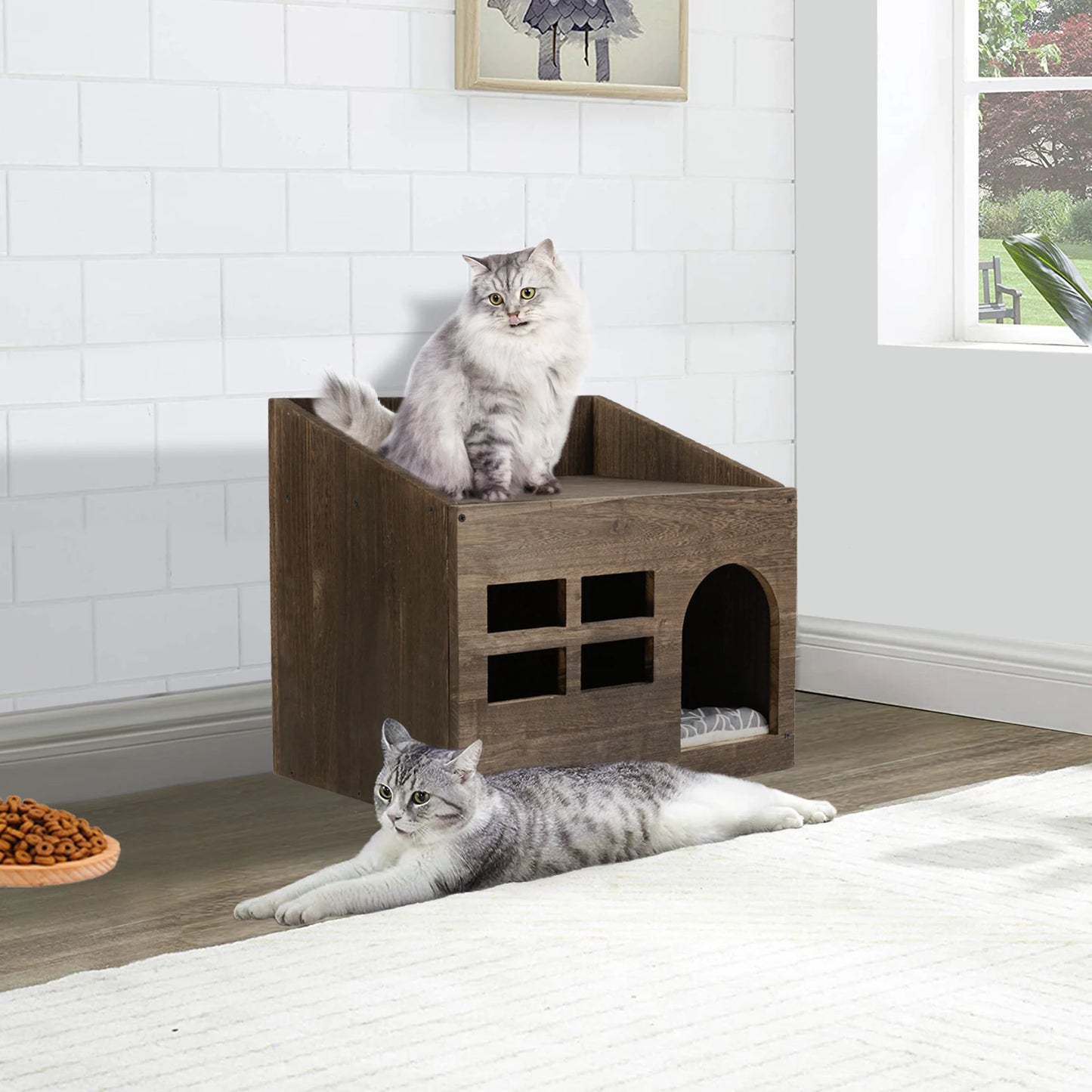 Wisfor Wooden Cat Cave Bed Lounge With Storage Shelf And Cushion For Indoor Cats