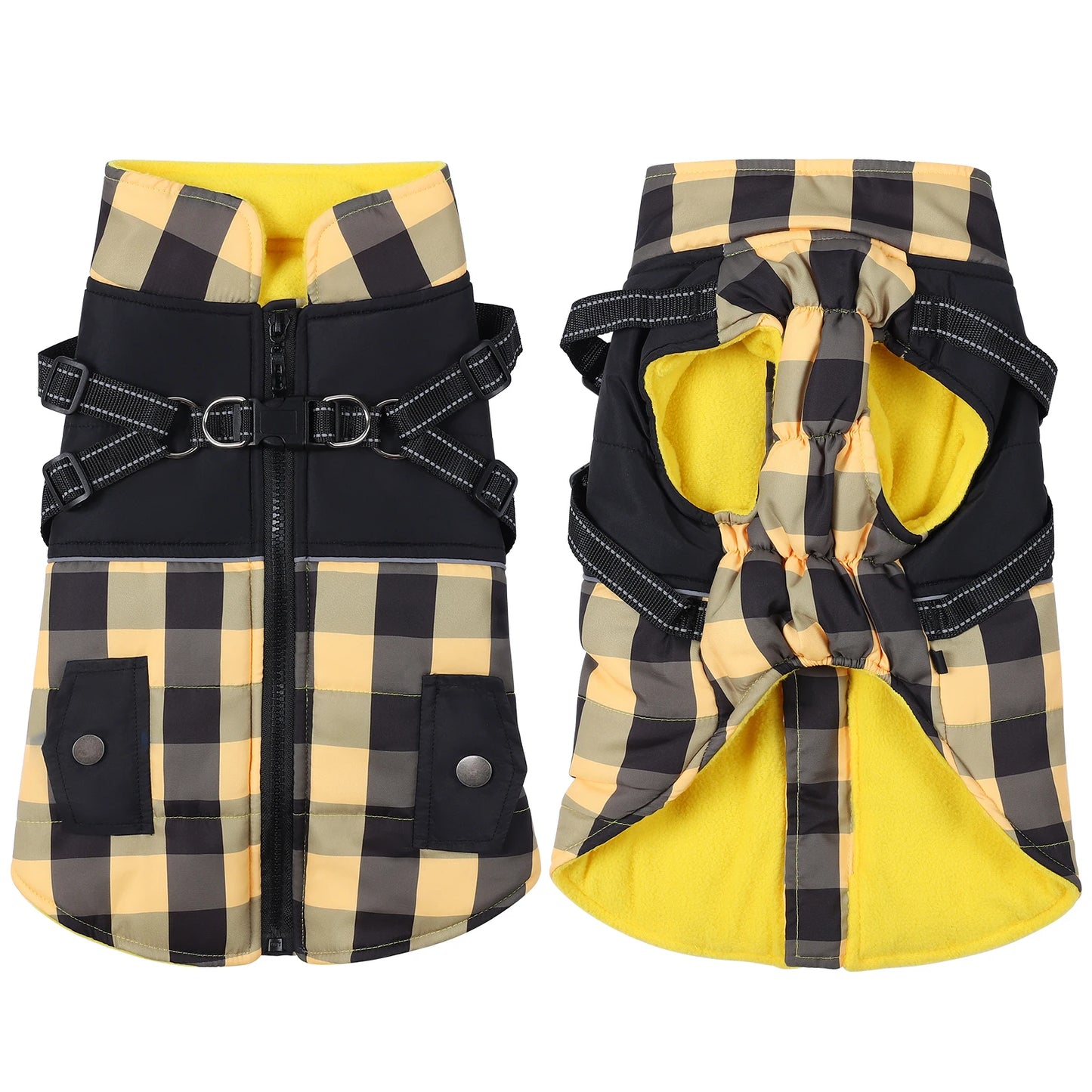 Plaid Padded Dog Jacket With Harness Windproof Cold Weather