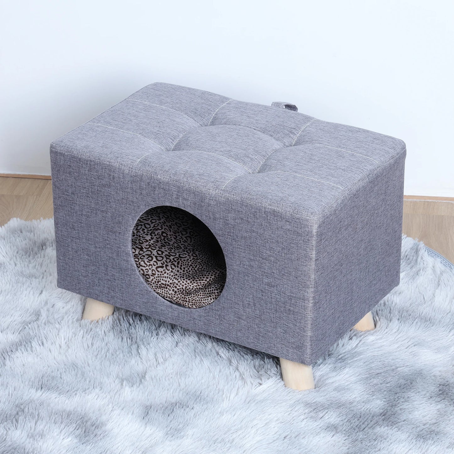 Wooden Cat House Cube Bed With Mat Cushion For Cats And Dogs