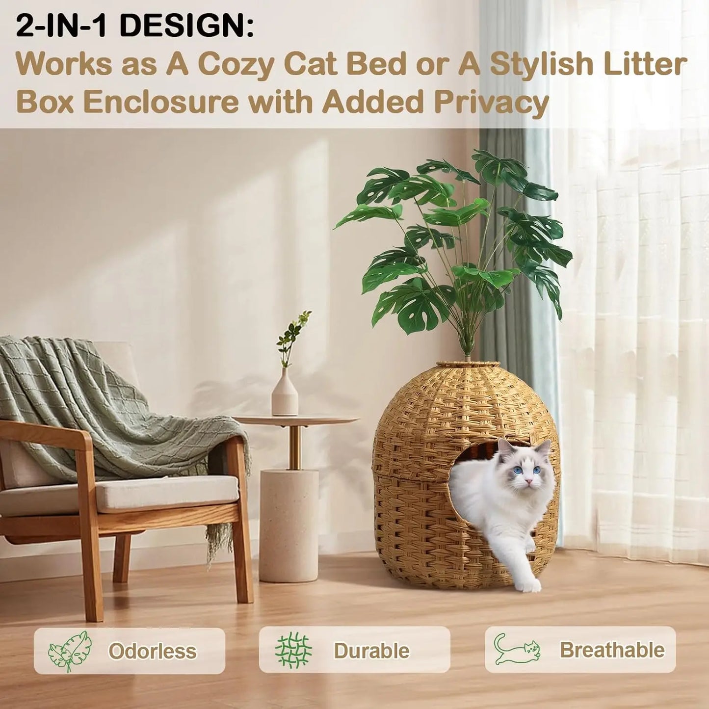 XMSJ Hidden Cat Litter Box With Faux Plant Odor Control