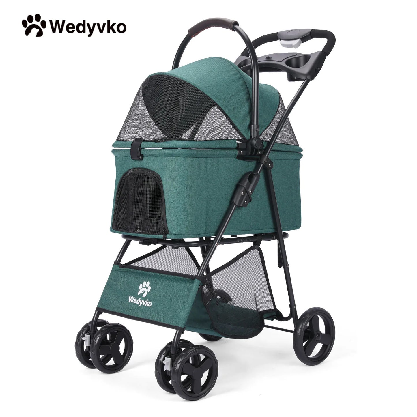Wedyvko Luxury Detachable Four Wheel Pet Stroller Cup Holder Design