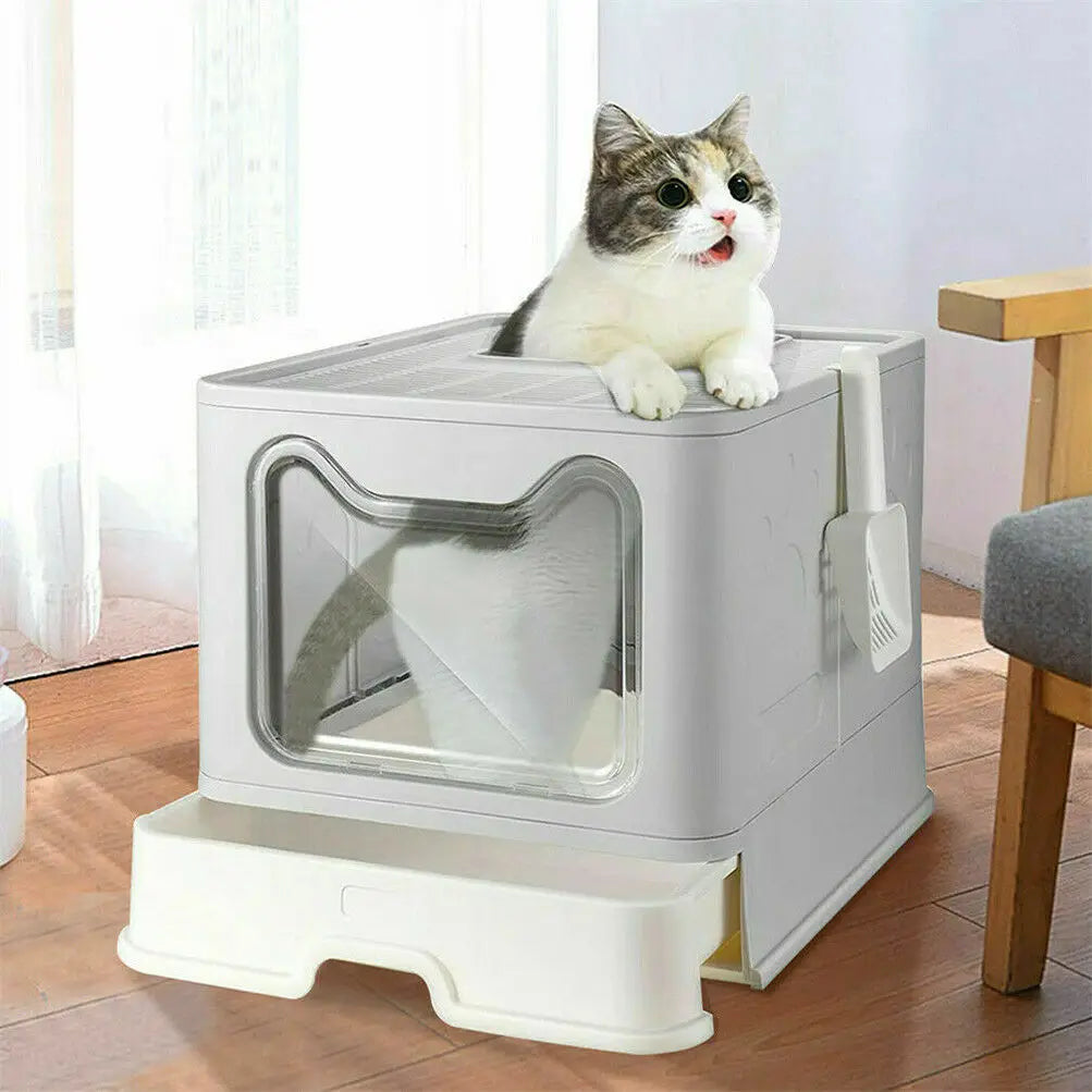 Foldable Front Entry Cat Litter Box With Lid And Scoop