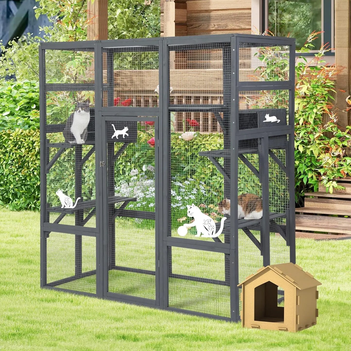 Wooden Outdoor Cat Catio Enclosure With Perches And Condos