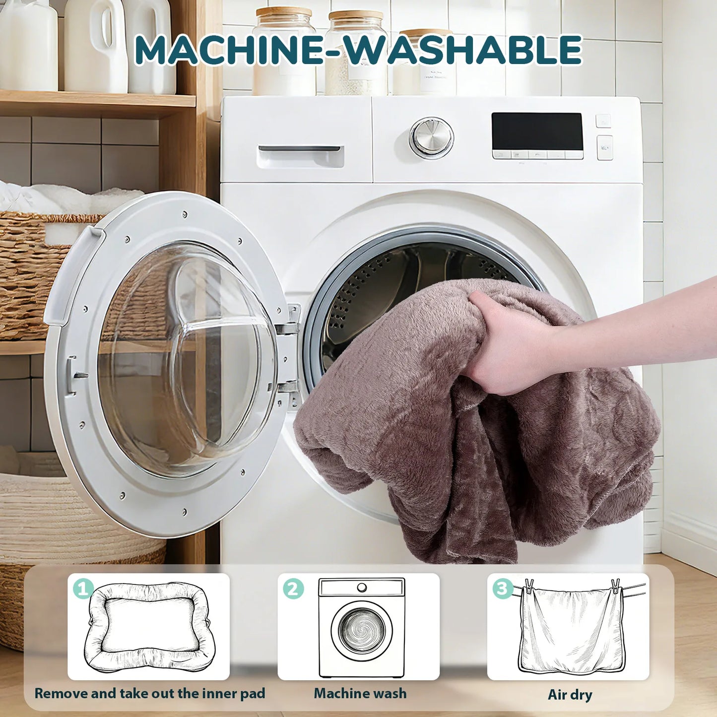 Dog Bed Washable Plush Non Slip With Blanket And Pocket