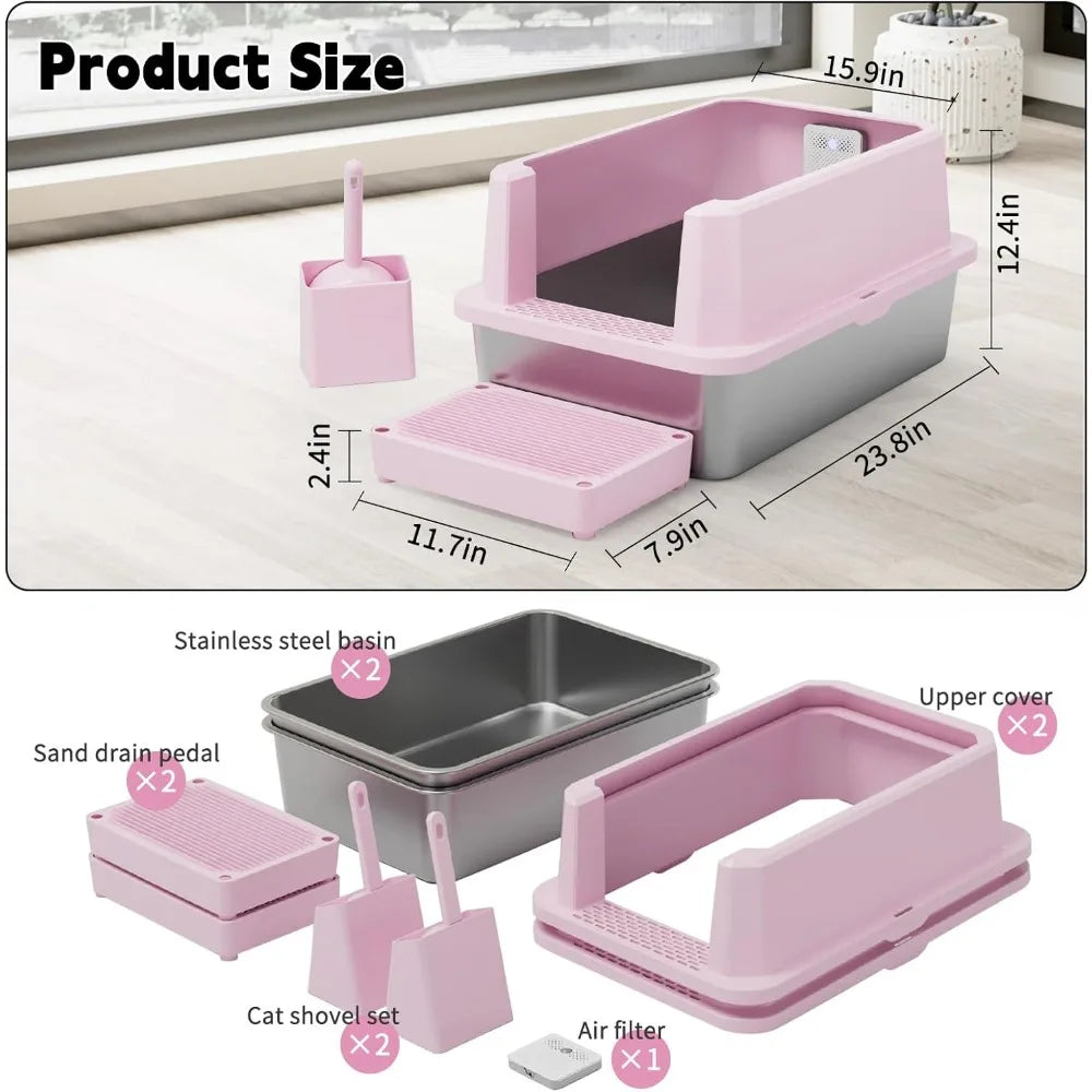 Stainless Steel Litter Box Open Top Tray Odor Control For Cats