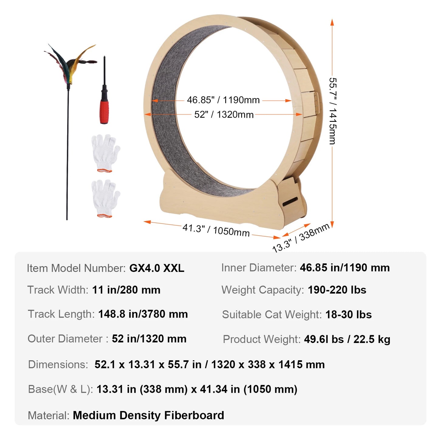 Wooden Cat Exercise Wheel for Indoor Cats with Detachable Carpet and Teaser