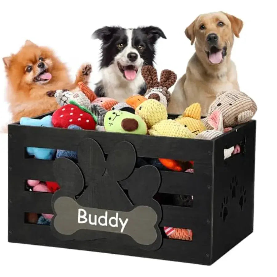 Large Dog Toy Basket Wood Dog Toy Bin Storage Baskets Box with Handles and Label Position Design Large Organizer with Paw Patte by Furtastic Pet Essentials