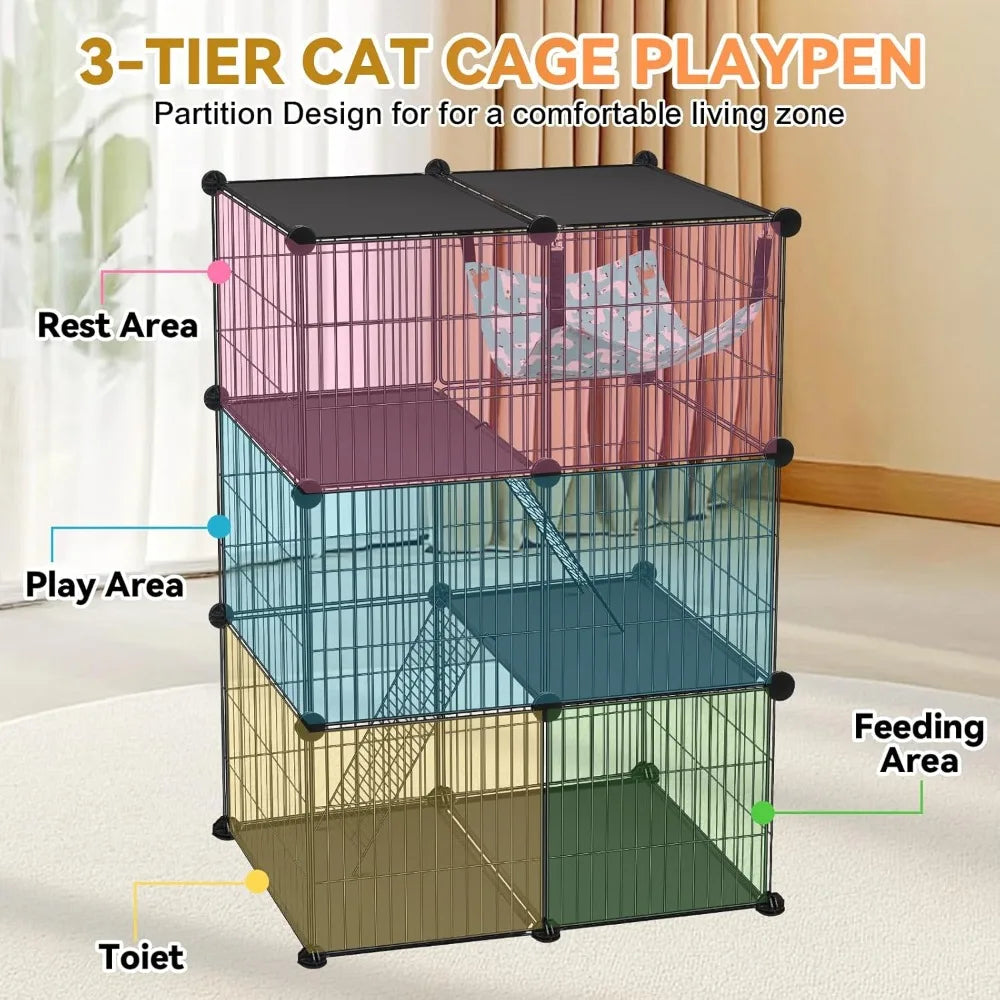 Three-Tier DIY Cat Cage Catio With Hammock For Indoor Outdoor