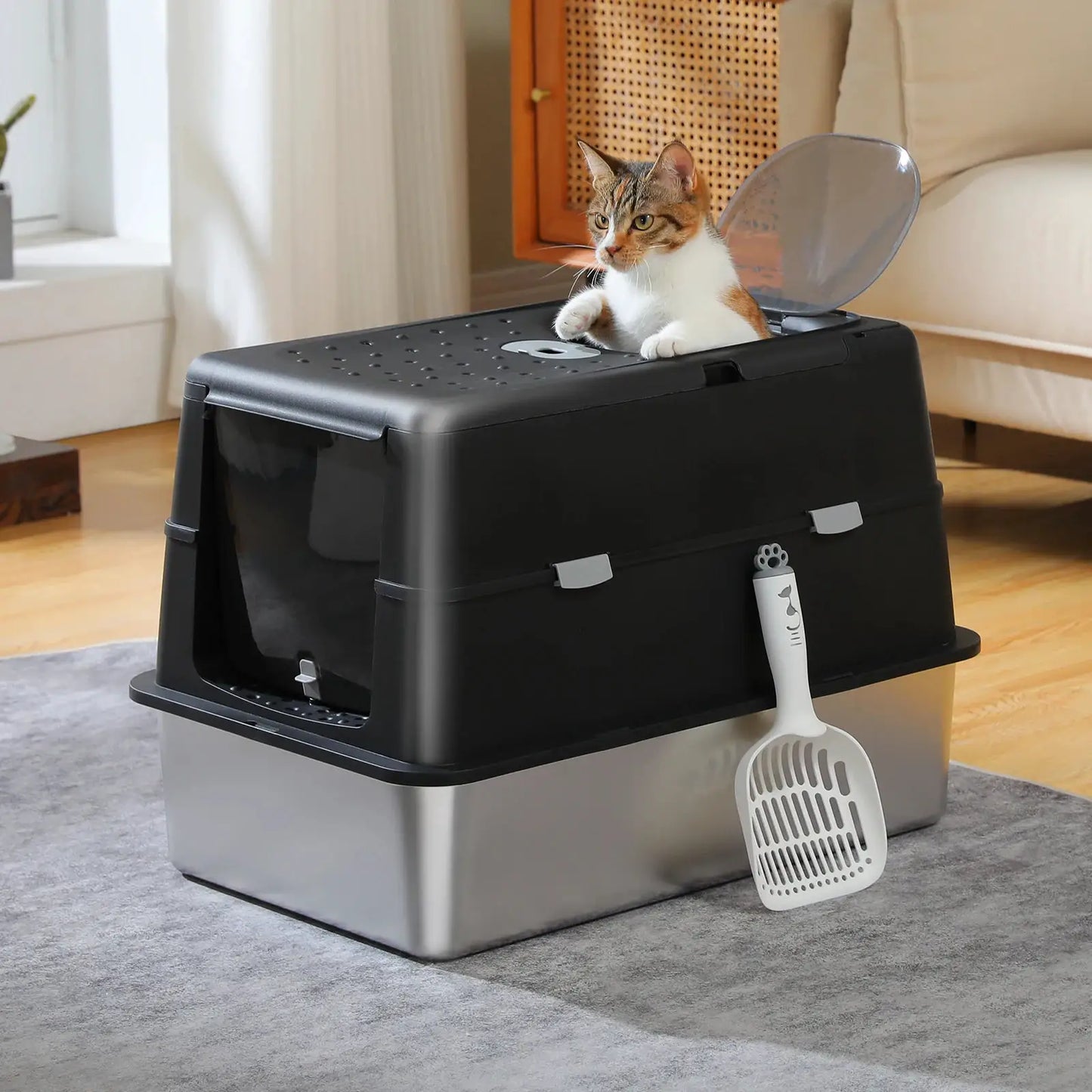 Stainless Steel Cat Litter Box with Scoop, High Sides Large Enclosed Litter Box for Indoor, Front & Top Dual Entry for Big Cats by Furtastic Pet Essentials