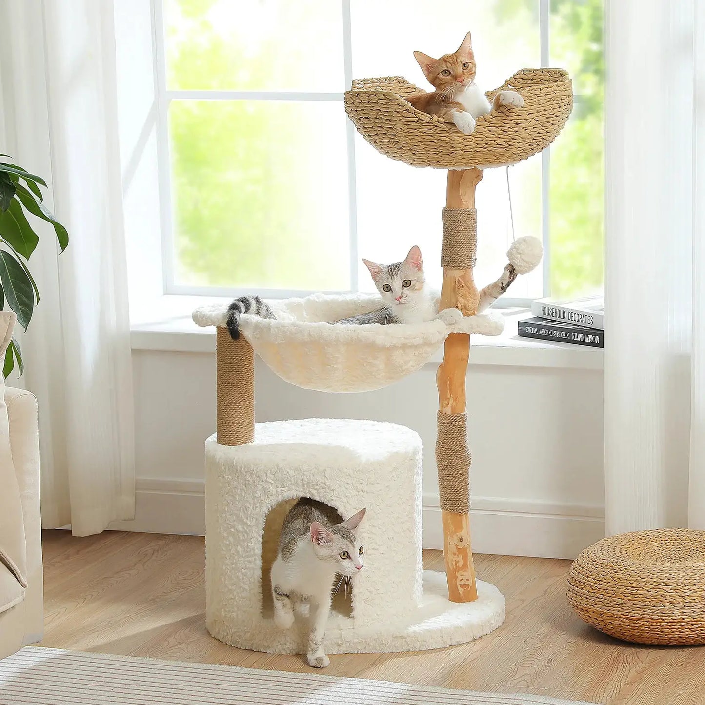Modern Cat Tree Tower with Natural Solid Wood Scratching Posts Spacious Wicker Basket Luxury Cat Condo Bed for Indoor Cat Toys by Furtastic Pet Essentials