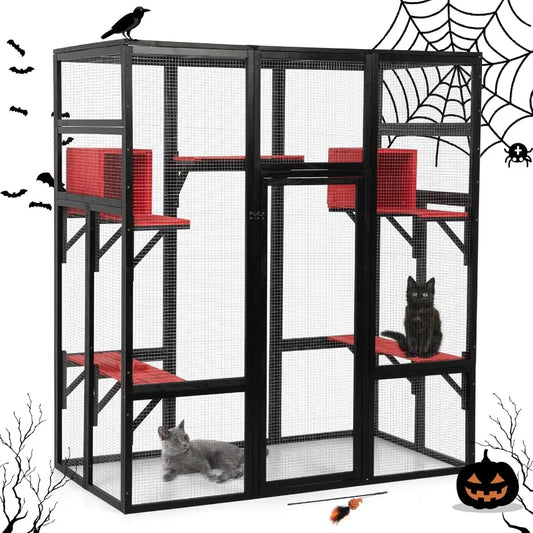 XMSJ Wooden Outdoor Catio Enclosure With Elevated Condos And Perches