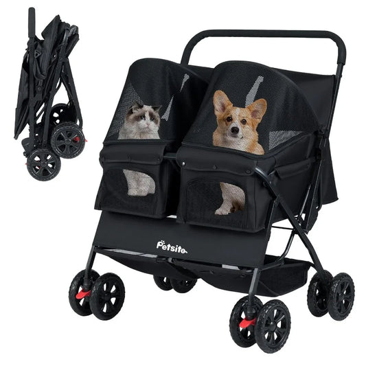 XMSJ Foldable Double Pet Stroller For Two Pets With Sunshade