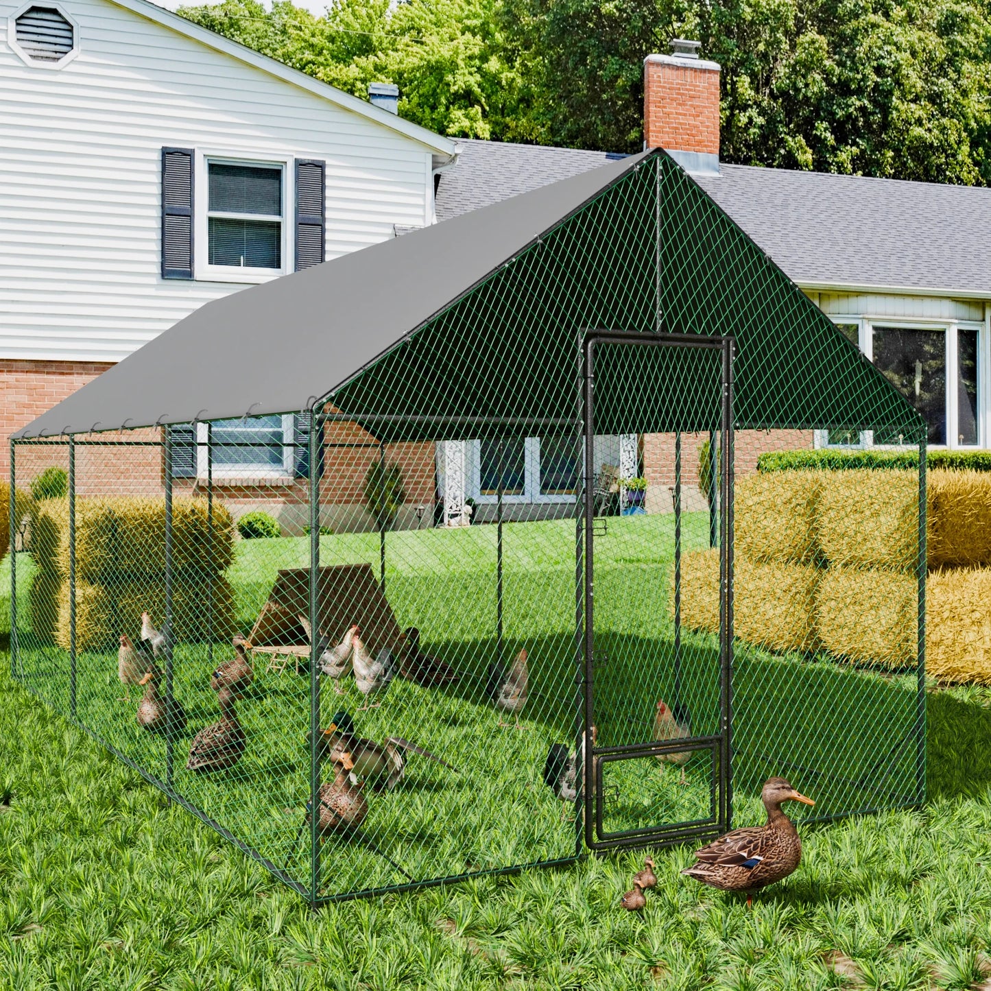 BINGOPAW Upgraded Heavy Duty Metal Chicken Coop With Cover Netting