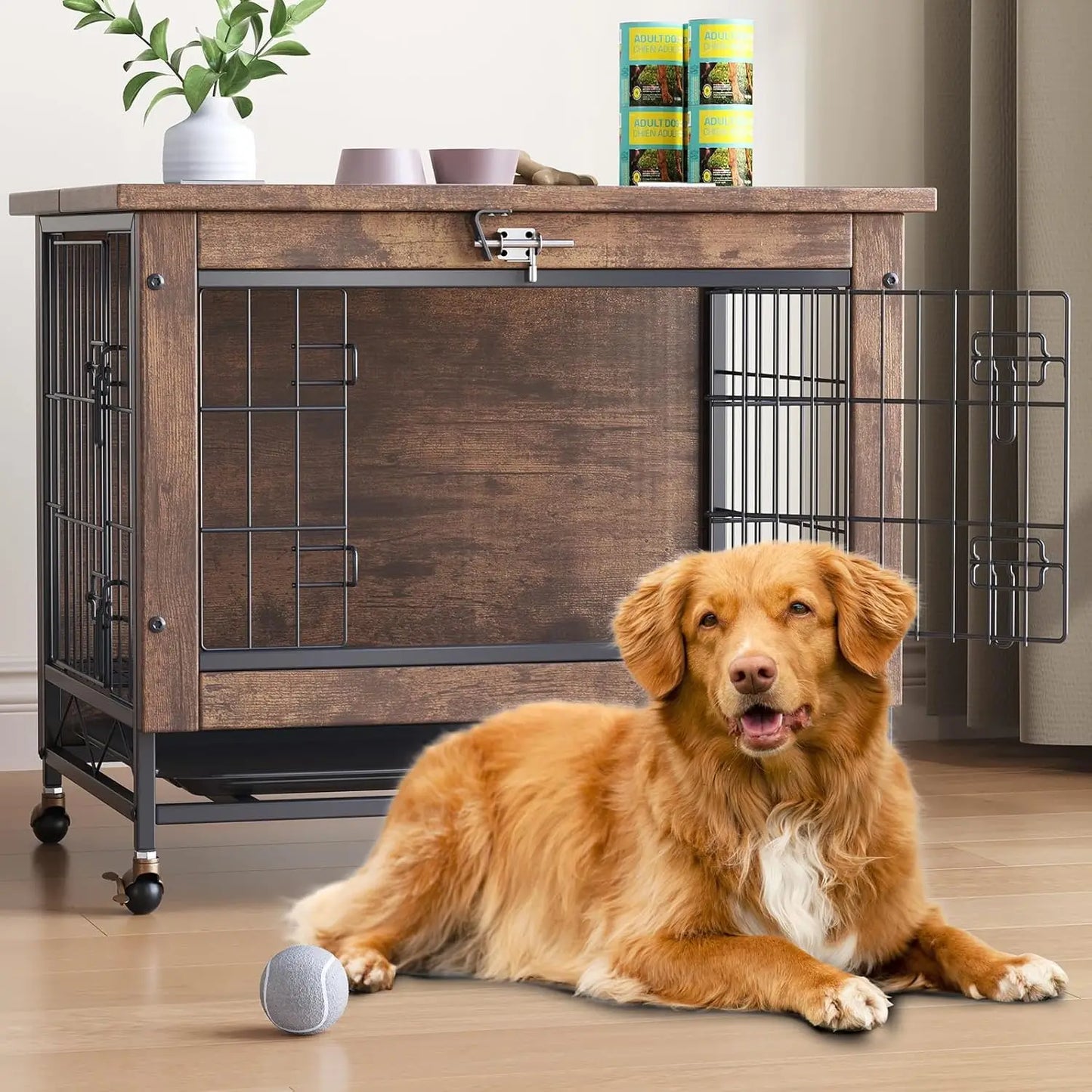 HiMISS Dog Crate Furniture With Wheels Two Doors Tray