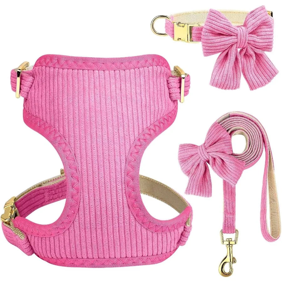 High Concerned Dog Harness Leash Set With Bow Tie Mesh Vest