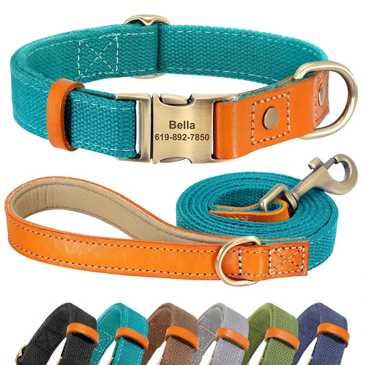 Personalized Dog Collar And Leash Set With Nameplate ID Tag