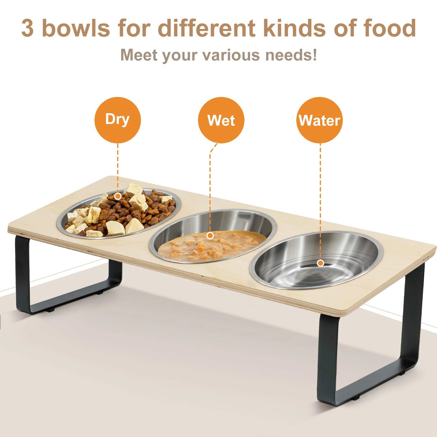 PETRAVEL Tilted Elevated Cat Bowls 3 Stainless Steel With Stand