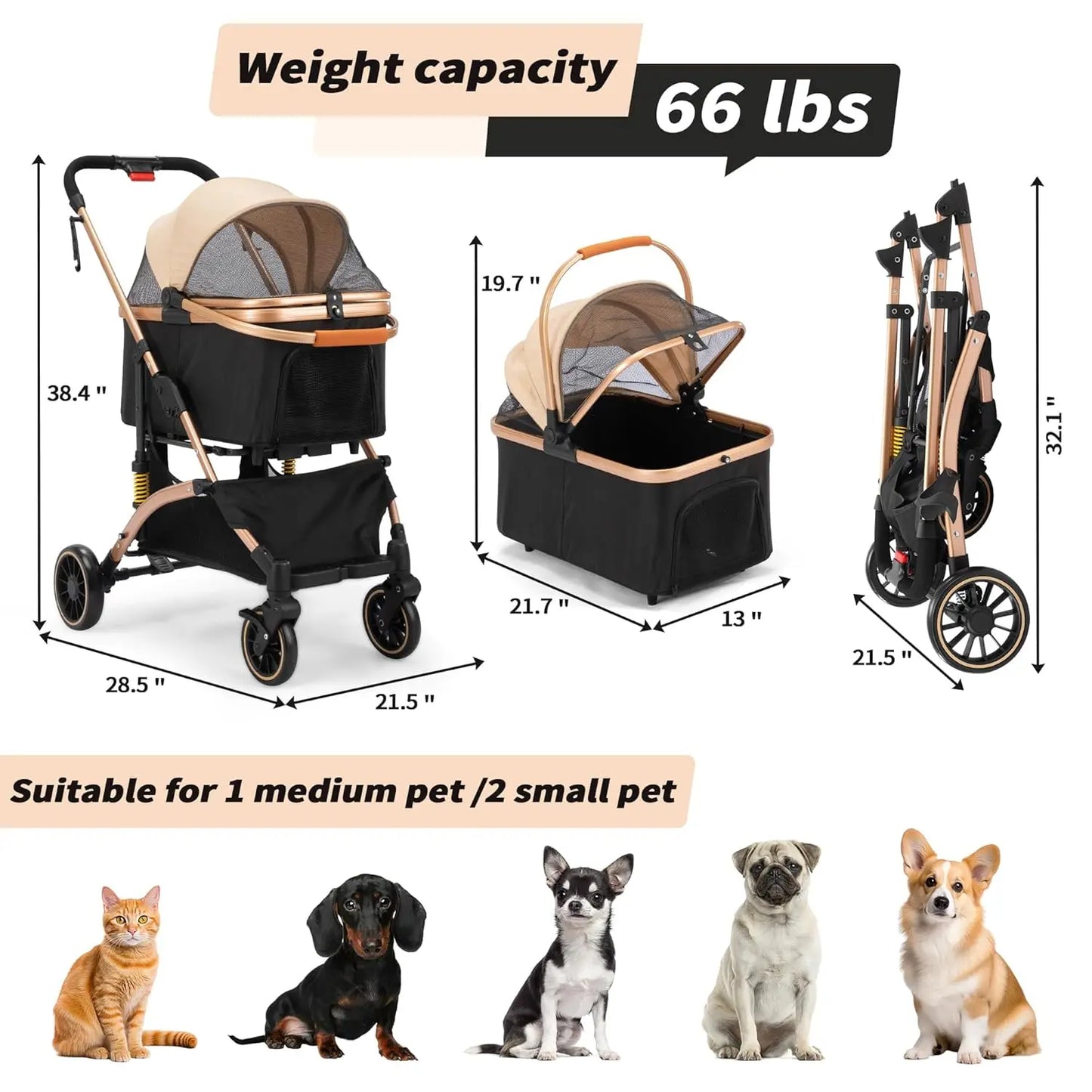 XMSJ 4-Wheel Premium 3-In-1 Foldable Pet Stroller Carrier