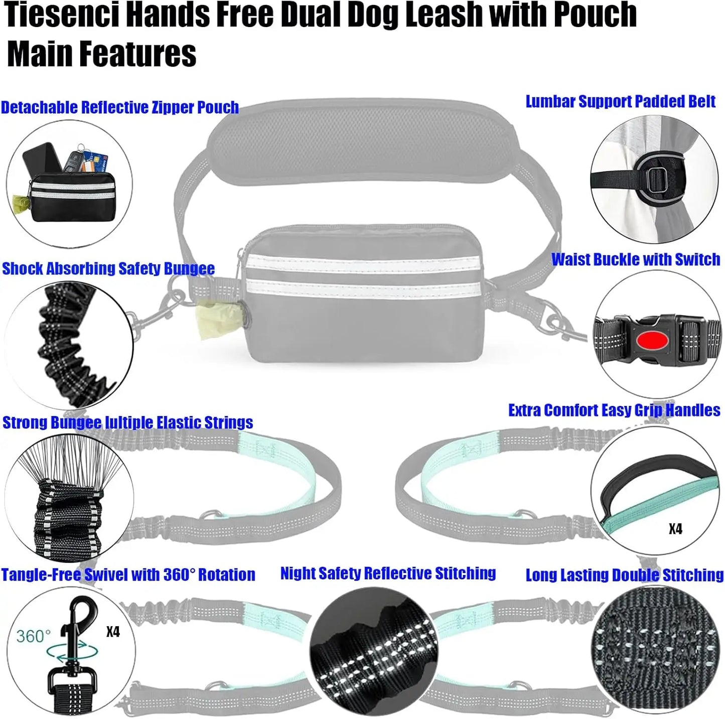 DCLOUDCN Hands Free Dual Dog Leash With Pouch