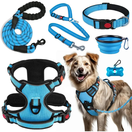 High-concerned No Pull Dog Harness Set With Leash Seatbelt Bowls