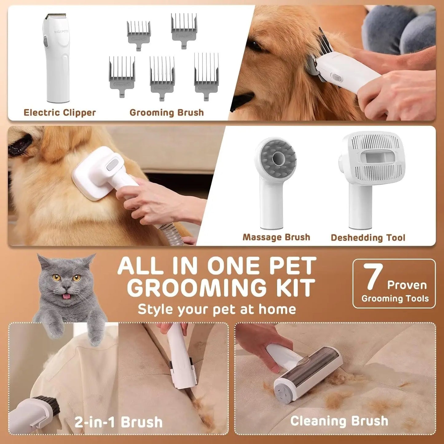 Pet Grooming Vacuum Kit With 7 Tools Including Brush