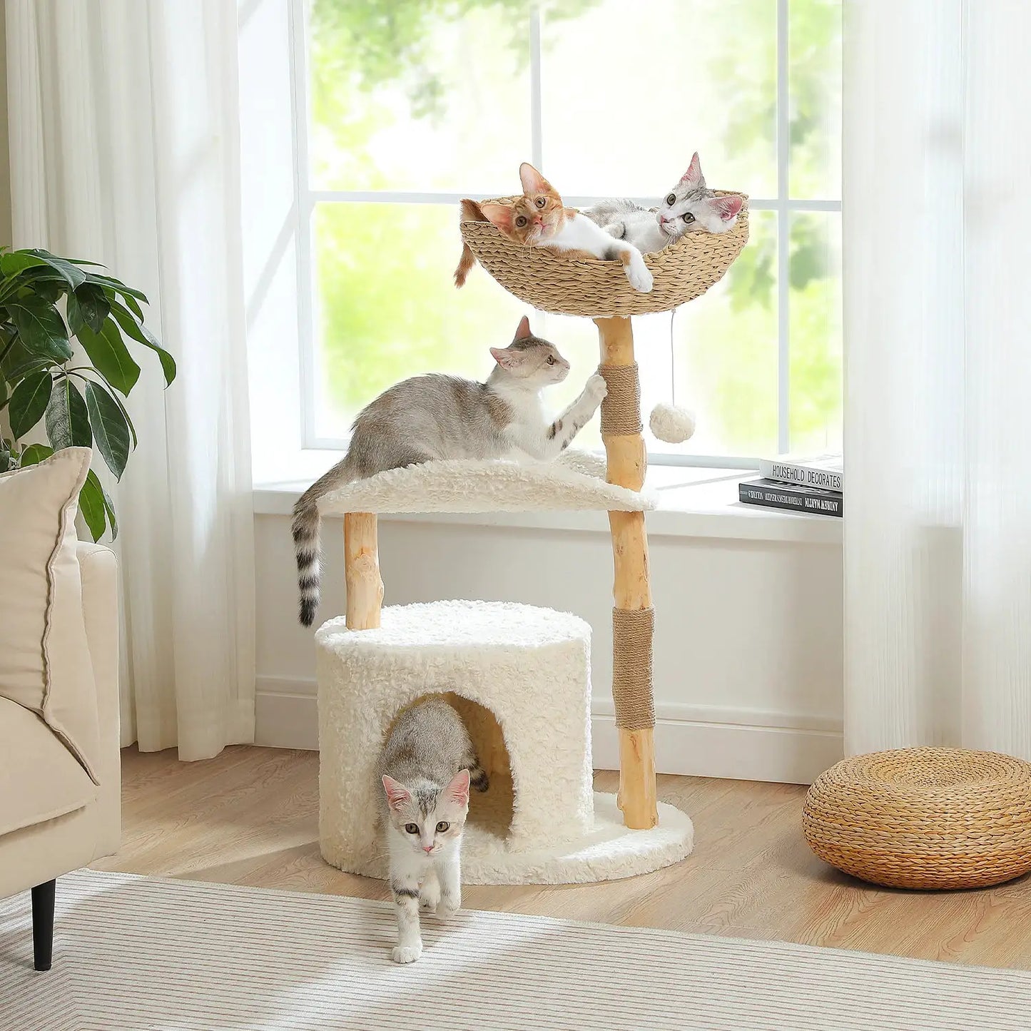 Modern Cat Tree Tower with Natural Solid Wood Scratching Posts Spacious Wicker Basket Luxury Cat Condo Bed for Indoor Cat Toys by Furtastic Pet Essentials