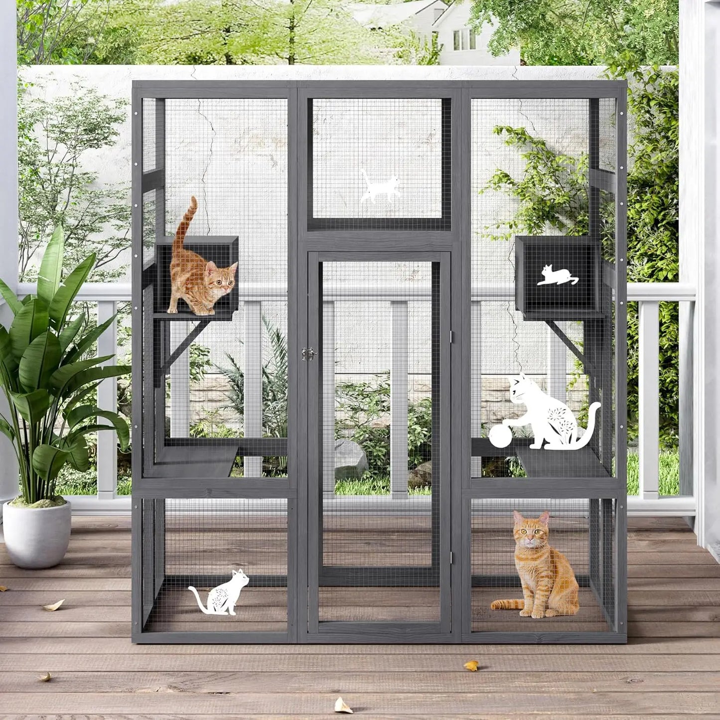 Wooden Outdoor Cat Catio Enclosure With Perches And Condos
