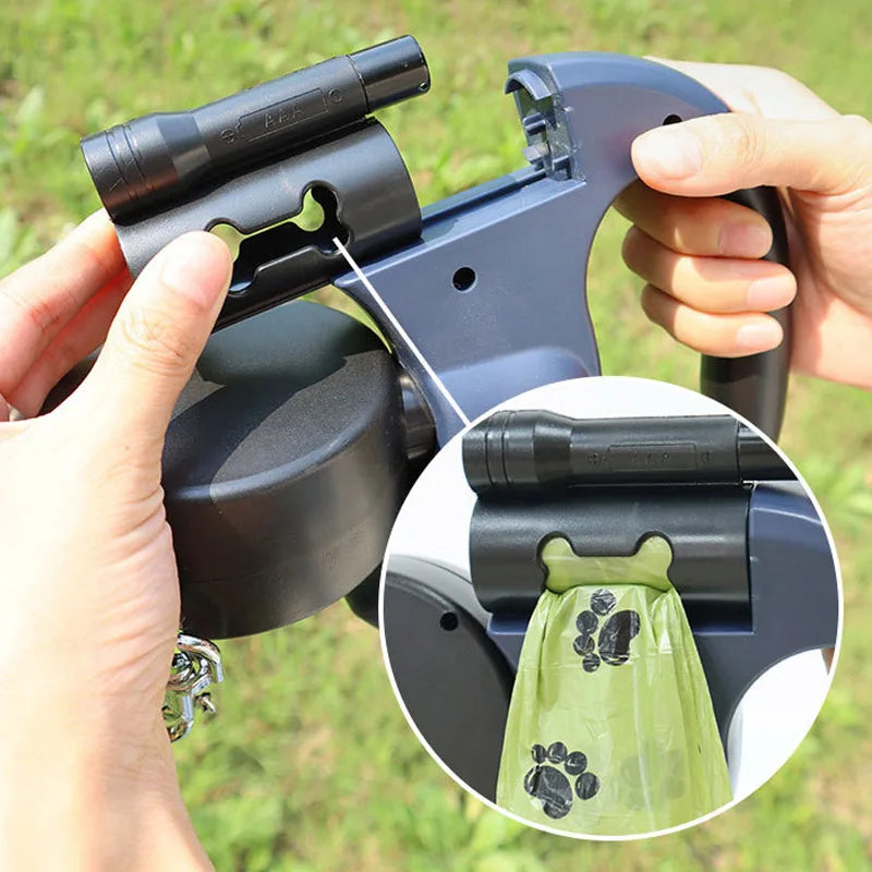 3in1 Automatic Retractable Dog Leash With Flashlight Poop Bag Dispenser