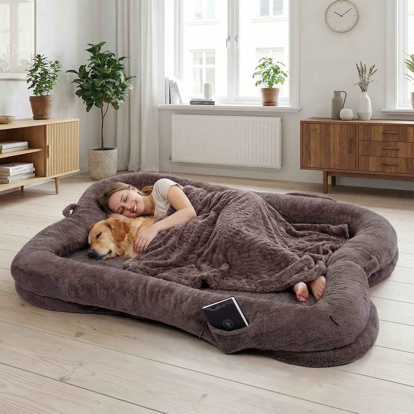 Dog Bed Washable Plush Non Slip With Blanket And Pocket