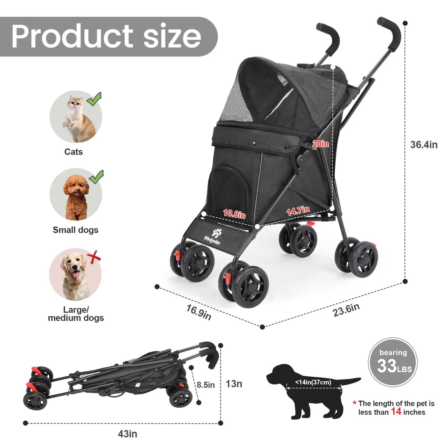 Wedyvko Pet Dog Stroller With Brakes And Storage Foldable
