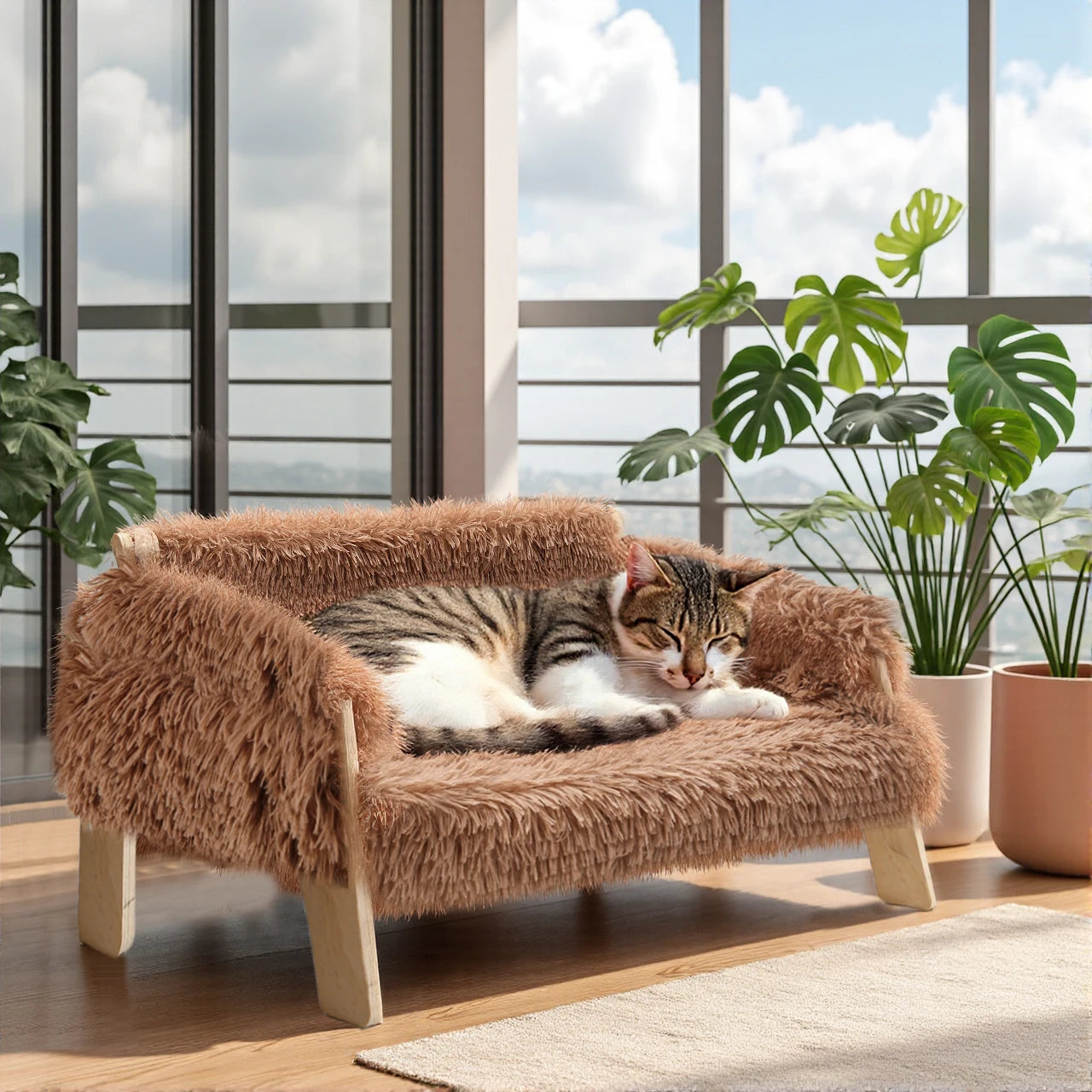 Raised Plush Cat Bed With Sturdy Wooden Leg Frame Sofa