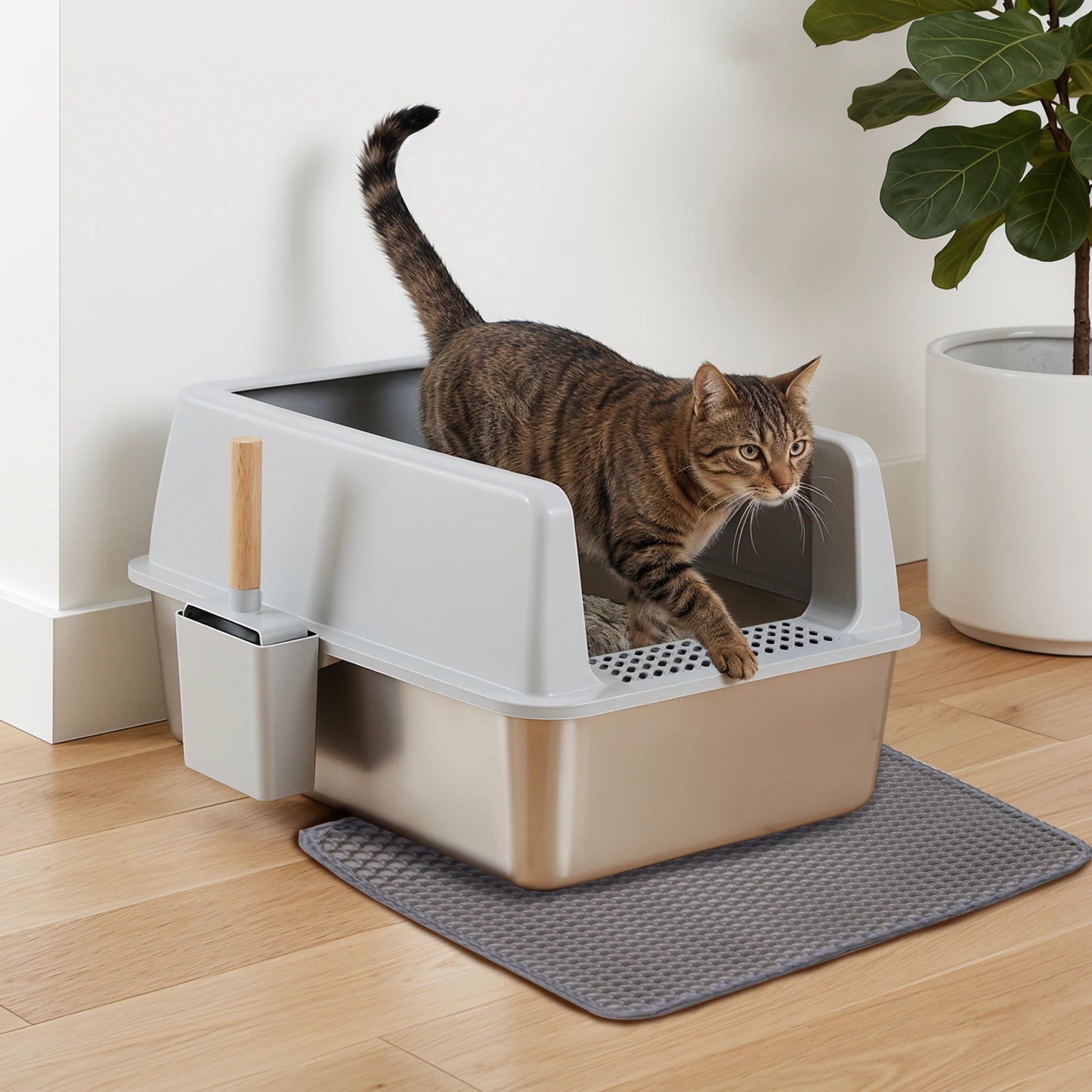 Stainless Steel Cat Litter Tray Open High Sided With Mat