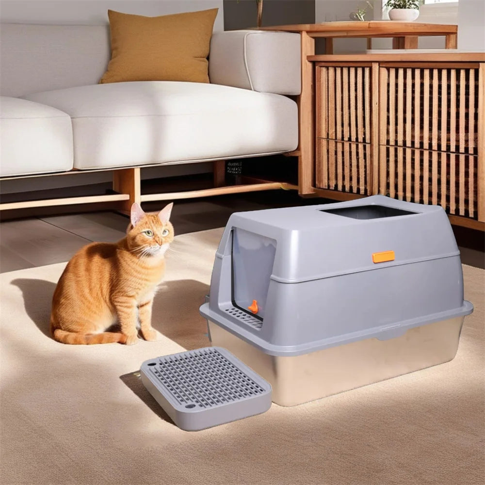 Feature Stainless Steel Cat Litter Tray With Lid High Wall