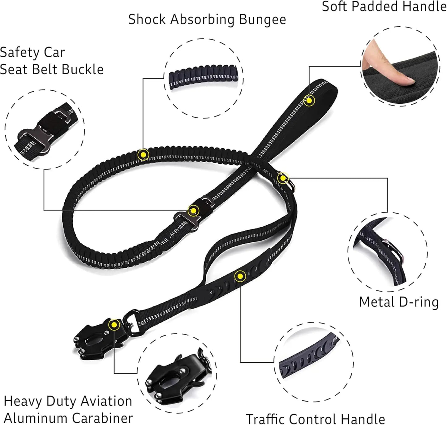 Reflective Shock Absorbing Car Seatbelt Leash For Large Dogs