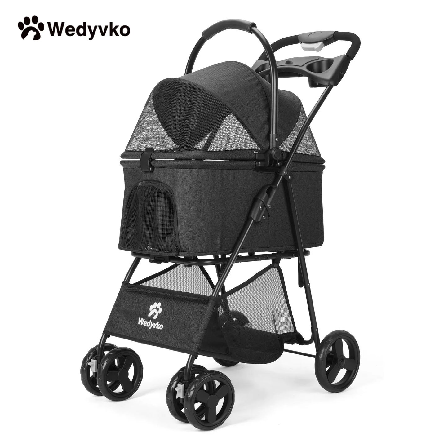Wedyvko Luxury Detachable Four Wheel Pet Stroller Cup Holder Design