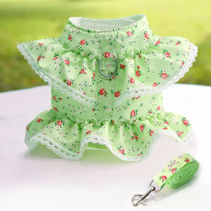 Dog Cat Harness Leash Set Adjustable Lace Floral Vest